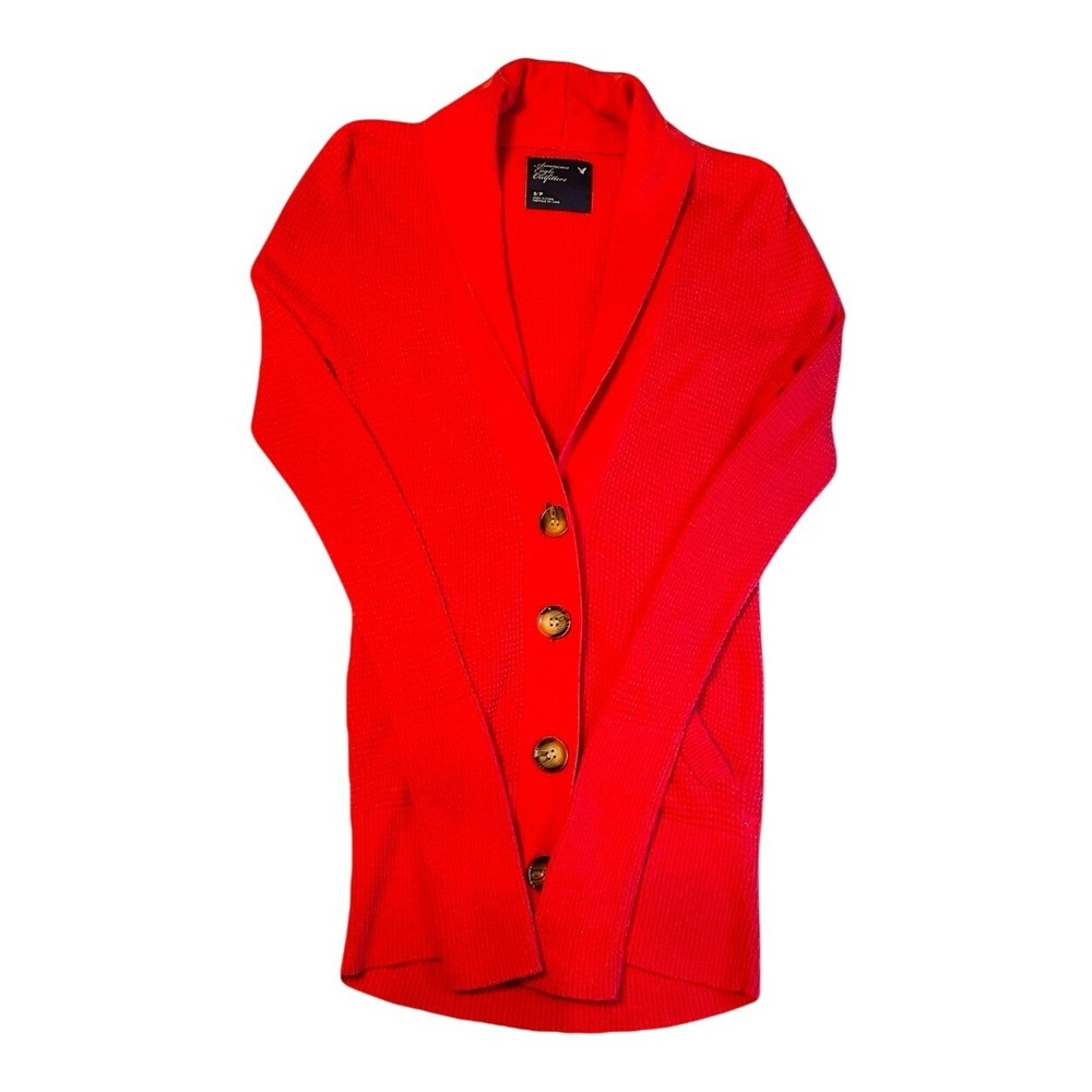 American Eagle Cardigan Sweater Womens Small Red Shawl Collar Waffle Knit Button